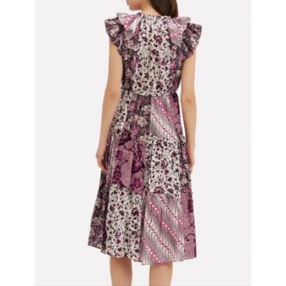 Ulla Johnson Asis Midi Dress Cotton Silk Batik Floral Tiered Purple Fuchsia 0